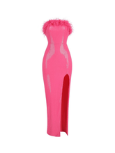 Load image into Gallery viewer, Marin Strapless Feather Sequin Maxi Dress In Hot Pink
