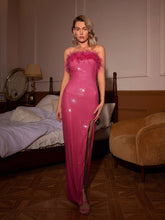 Load image into Gallery viewer, Marin Strapless Feather Sequin Maxi Dress In Hot Pink
