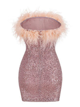 Load image into Gallery viewer, Marin Strapless Feather Sequin Mini Dress In Lotus

