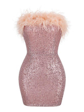 Load image into Gallery viewer, Marin Strapless Feather Sequin Mini Dress In Lotus
