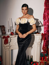 Load image into Gallery viewer, Maunder Off Shoulder Flower Velvet Maxi Dress
