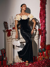 Load image into Gallery viewer, Maunder Off Shoulder Flower Velvet Maxi Dress

