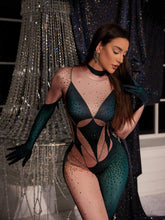 Load image into Gallery viewer, Metra Body Printed Rhinestone Gloves Jumpsuit In Green
