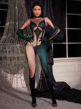Load image into Gallery viewer, Metra Body Printed Rhinestone Gloves Jumpsuit In Green

