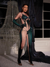 Load image into Gallery viewer, Metra Body Printed Rhinestone Gloves Jumpsuit In Green
