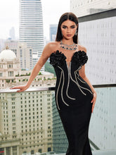 Load image into Gallery viewer, Musa Strapless Crystal Flower Bandage Dress In Black

