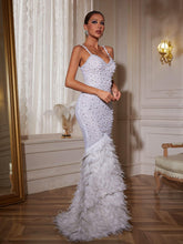 Load image into Gallery viewer, Nele Spaghetti Feather Trimmed Mermaid Maxi Dress
