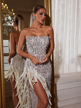 Load image into Gallery viewer, Nelya Strapless Feather Embellished Spilit Dress
