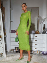 Load image into Gallery viewer, Neriah Long Sleeve Crystal Midi Dress In Green
