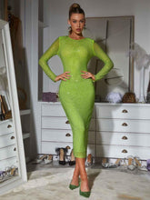 Load image into Gallery viewer, Neriah Long Sleeve Crystal Midi Dress In Green
