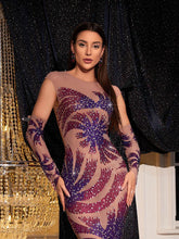Load image into Gallery viewer, Nica Printed Rhinestone Mesh Maxi Dress
