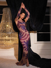 Load image into Gallery viewer, Nica Printed Rhinestone Mesh Maxi Dress
