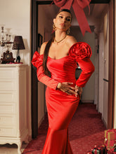Load image into Gallery viewer, Nilsson Off Shoulder Flower Satin Maxi Dress
