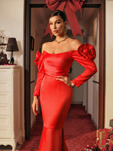 Load image into Gallery viewer, Nilsson Off Shoulder Flower Satin Maxi Dress

