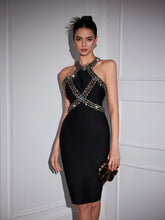 Load image into Gallery viewer, Ochre Halterneck Rhinestone Bandage Midi Dress
