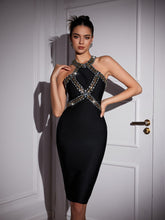 Load image into Gallery viewer, Ochre Halterneck Rhinestone Bandage Midi Dress
