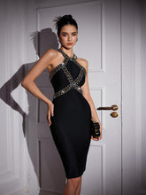 Load image into Gallery viewer, Ochre Halterneck Rhinestone Bandage Midi Dress
