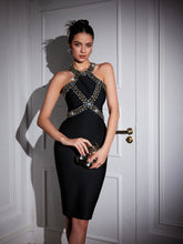 Load image into Gallery viewer, Ochre Halterneck Rhinestone Bandage Midi Dress
