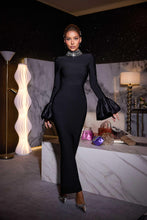 Load image into Gallery viewer, Omer Flounce Sleeve Rhinestone Bandage Dress In Black
