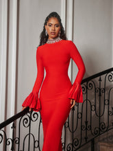 Load image into Gallery viewer, Omer Flounce Sleeve Rhinestone Bandage Dress In Red
