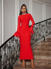 Load image into Gallery viewer, Omer Flounce Sleeve Rhinestone Bandage Dress In Red
