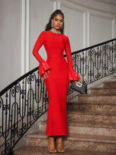 Load image into Gallery viewer, Omer Flounce Sleeve Rhinestone Bandage Dress In Red
