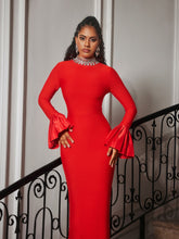 Load image into Gallery viewer, Omer Flounce Sleeve Rhinestone Bandage Dress In Red
