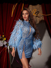 Load image into Gallery viewer, Onyx Patchwork Sequin Feather Mini Dress
