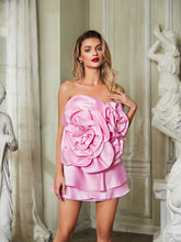 Load image into Gallery viewer, Oonagh Strapless Flower Satin Mini Dress
