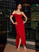 Load image into Gallery viewer, Oslo Spaghetti Flower Ruffle Maxi Dress In Red
