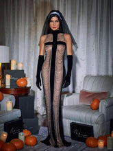 Load image into Gallery viewer, Pablo High Neck Chain Fringe Maxi Dress With Gloves In Black
