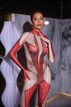 Load image into Gallery viewer, Pera Body Printed Rhinestone Gloves Jumpsuit In Red
