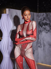 Load image into Gallery viewer, Pera Body Printed Rhinestone Gloves Jumpsuit In Red
