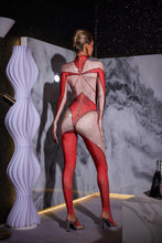 Load image into Gallery viewer, Pera Body Printed Rhinestone Gloves Jumpsuit In Red

