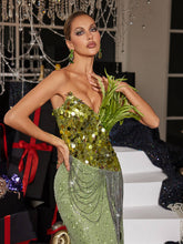 Load image into Gallery viewer, Qorow Feather Trimmed Crystal Chain Fringe Maxi Dress
