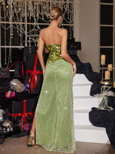 Load image into Gallery viewer, Qorow Feather Trimmed Crystal Chain Fringe Maxi Dress
