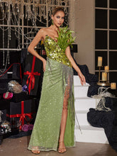 Load image into Gallery viewer, Qorow Feather Trimmed Crystal Chain Fringe Maxi Dress
