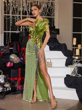 Load image into Gallery viewer, Qorow Feather Trimmed Crystal Chain Fringe Maxi Dress
