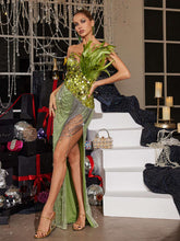 Load image into Gallery viewer, Qorow Feather Trimmed Crystal Chain Fringe Maxi Dress
