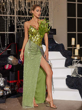 Load image into Gallery viewer, Qorow Feather Trimmed Crystal Chain Fringe Maxi Dress
