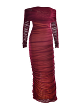 Load image into Gallery viewer, Quineisha Off Shoulder Ruched Mesh Maxi Dress
