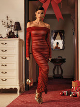 Load image into Gallery viewer, Quineisha Off Shoulder Ruched Mesh Maxi Dress

