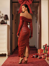 Load image into Gallery viewer, Quineisha Off Shoulder Ruched Mesh Maxi Dress
