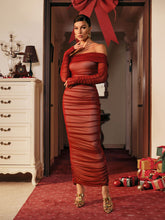 Load image into Gallery viewer, Quineisha Off Shoulder Ruched Mesh Maxi Dress
