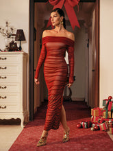 Load image into Gallery viewer, Quineisha Off Shoulder Ruched Mesh Maxi Dress
