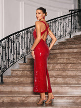 Load image into Gallery viewer, Radana Plunge Neck Flower Sequin Dress In Red
