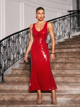 Load image into Gallery viewer, Radana Plunge Neck Flower Sequin Dress In Red
