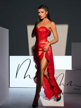 Load image into Gallery viewer, Raoul Strapless Lace Tulle Maxi Dress In Red
