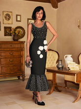 Load image into Gallery viewer, Reddy Plunge Neck Pearl Flower Midi Dress
