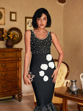 Load image into Gallery viewer, Reddy Plunge Neck Pearl Flower Midi Dress
